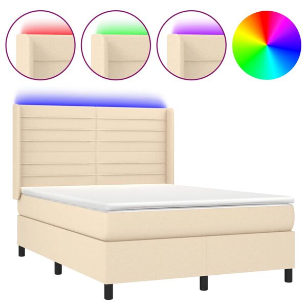 vidaXL Sommier &agrave; lattes de lit matelas et LED Cr&egrave;me 140x190 cm Tissu
