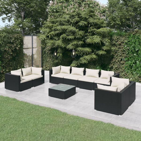 vidaXL Salon de jardin 9 pcs avec coussins R&eacute;sine tress&eacute;e Noir