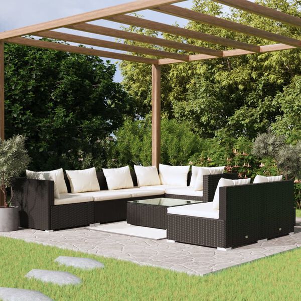 vidaXL Salon de jardin 8 pcs avec coussins Noir R&eacute;sine tress&eacute;e