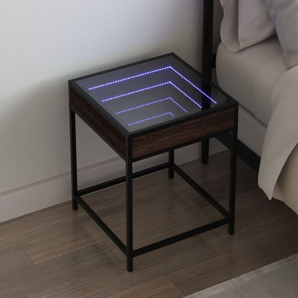 vidaXL Table de chevet avec LED infini ch&ecirc;ne marron 40x40x51 cm