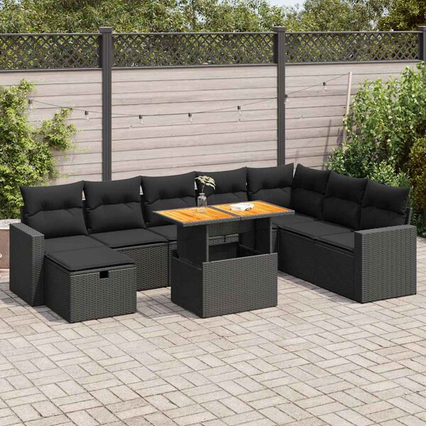 vidaXL Salon de jardin avec coussins 9 pcs noir r&eacute;sine tress&eacute;e acacia