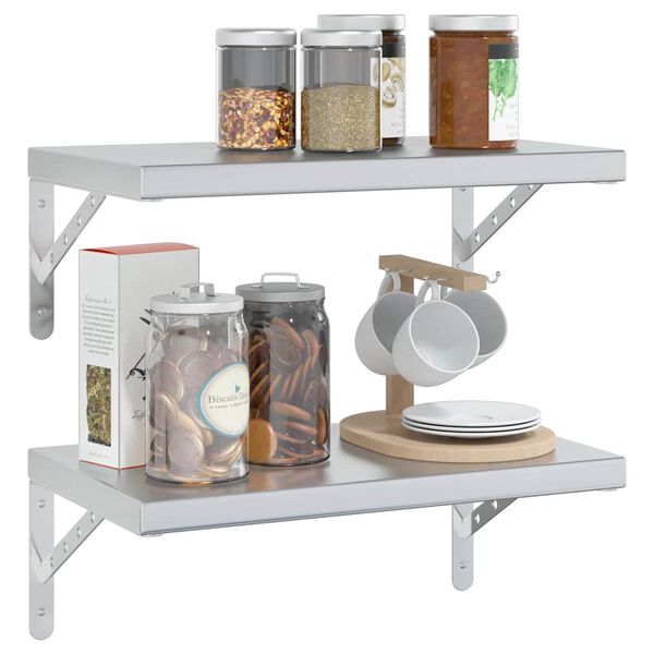 vidaXL &Eacute;tag&egrave;res murales 2 pcs 50x30x3 cm argent&eacute; acier inoxydable