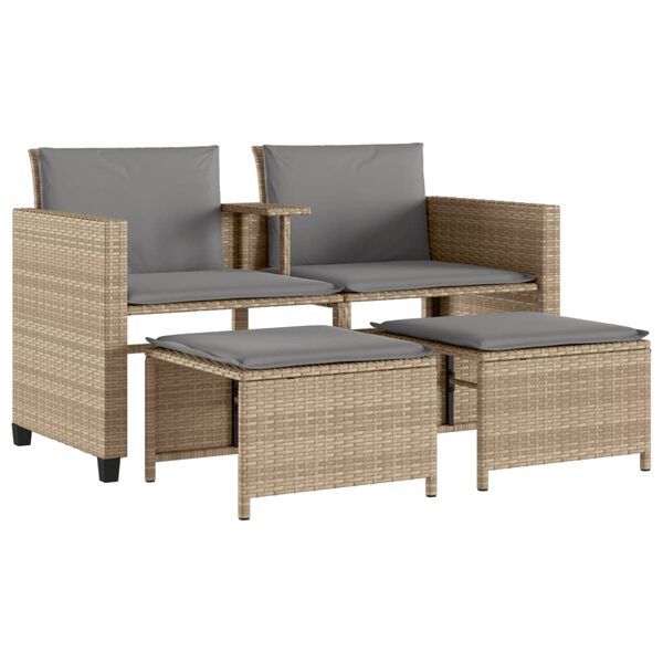 vidaXL Canap&eacute; de jardin 2 places avec table et tabourets beige rotin