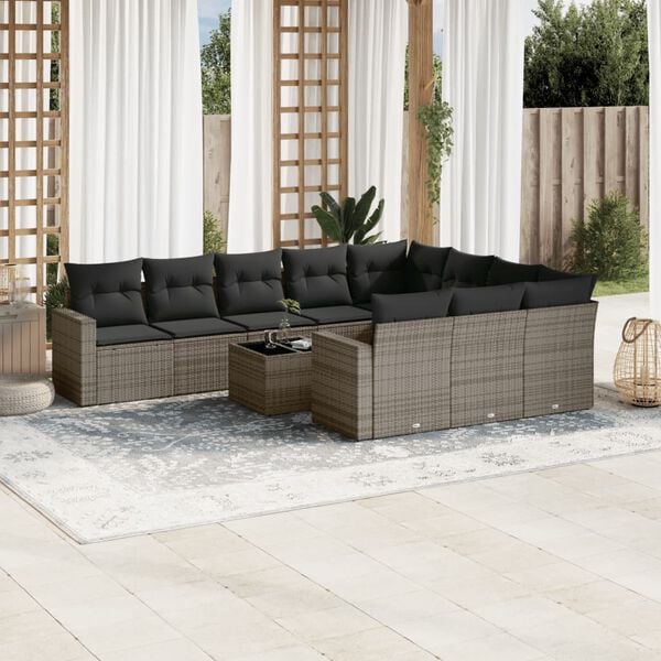 vidaXL Salon de jardin 11 pcs avec coussins gris r&eacute;sine tress&eacute;e