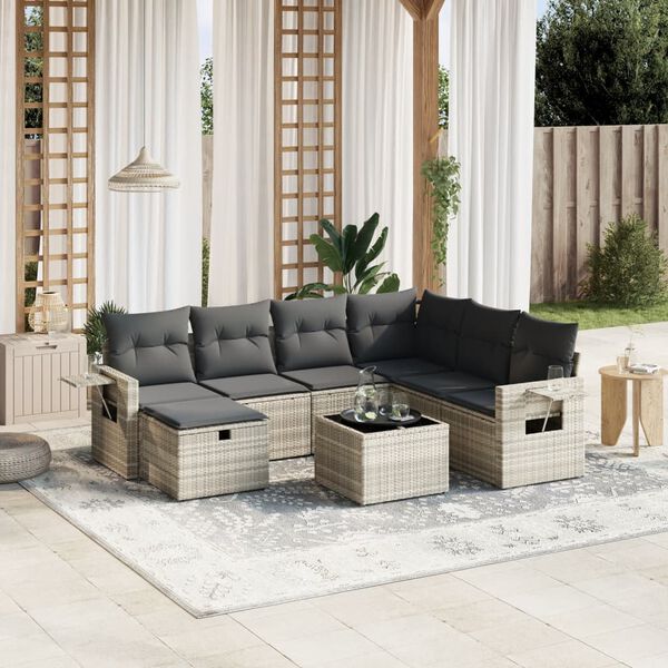vidaXL Salon de jardin 8 pcs avec coussins gris clair r&eacute;sine tress&eacute;e