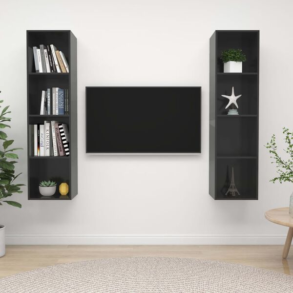 vidaXL Meubles TV muraux 2 pcs Gris brillant Bois d'ing&eacute;nierie
