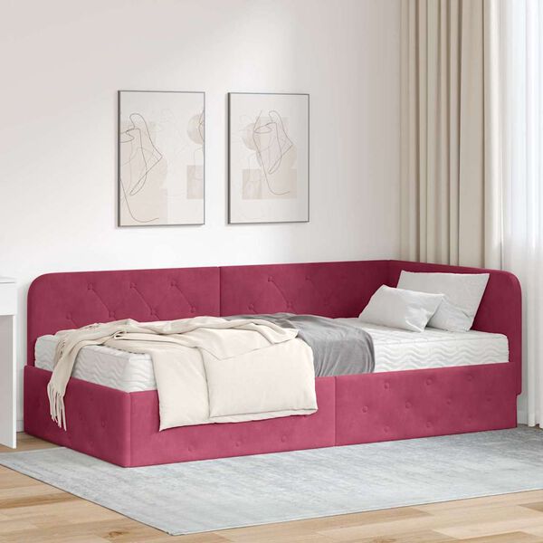 vidaXL Cadre de lit d'angle avec matelas Bordeaux 100 x 200 cm Velours