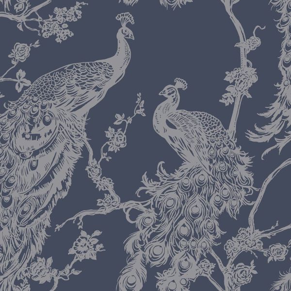 DUTCH WALLCOVERINGS Papier peint Paon Bleu marine et argent&eacute;