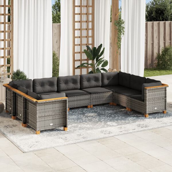 vidaXL Salon de jardin 9 pcs avec coussins gris r&eacute;sine tress&eacute;e