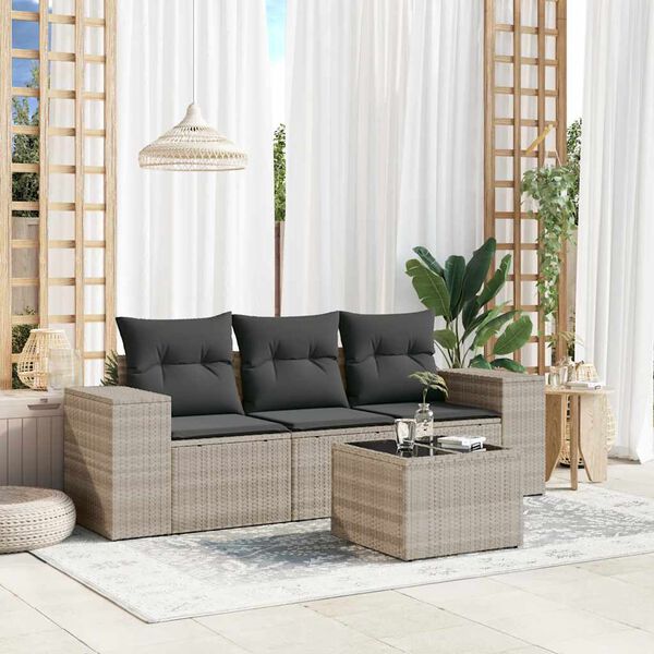 vidaXL Salon de jardin 4 pcs avec coussins gris clair r&eacute;sine tress&eacute;e
