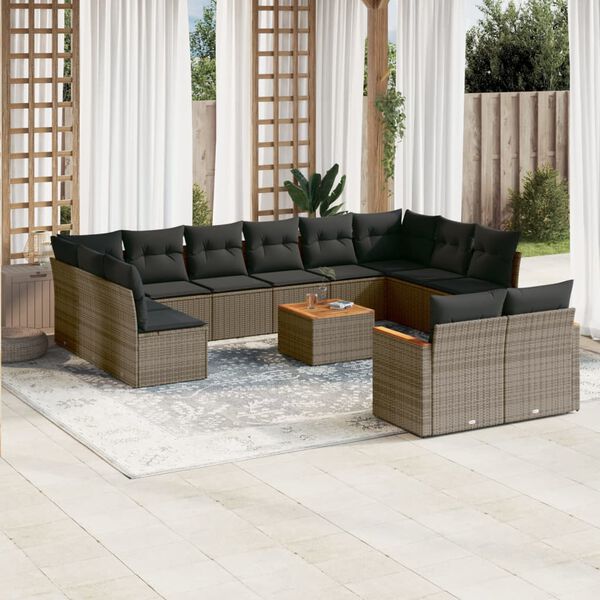 vidaXL Salon de jardin avec coussins 13 pcs gris r&eacute;sine tress&eacute;e