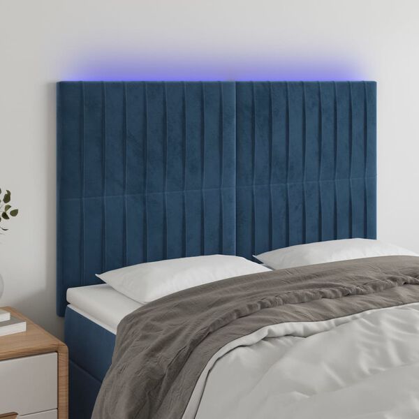 vidaXL T&ecirc;te de lit &agrave; LED Bleu fonc&eacute; 144x5x118/128 cm Velours