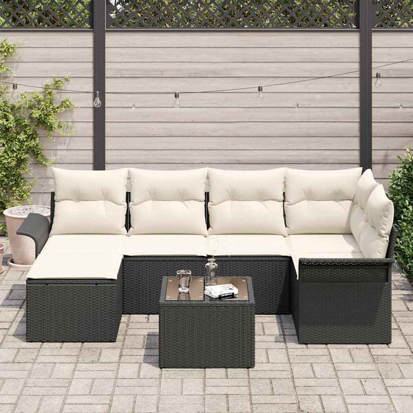 vidaXL Ensemble de canapé de jardin avec coussin 7 pcs Noir polyrotin