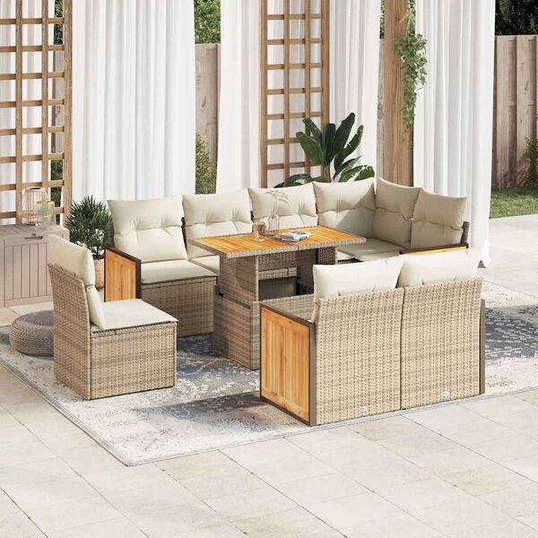 vidaXL Salon de jardin avec coussins 9 pcs beige r&eacute;sine tress&eacute;e acacia
