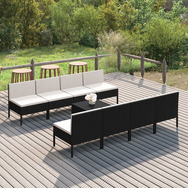 vidaXL Salon de jardin 9 pcs avec coussins R&eacute;sine tress&eacute;e Noir