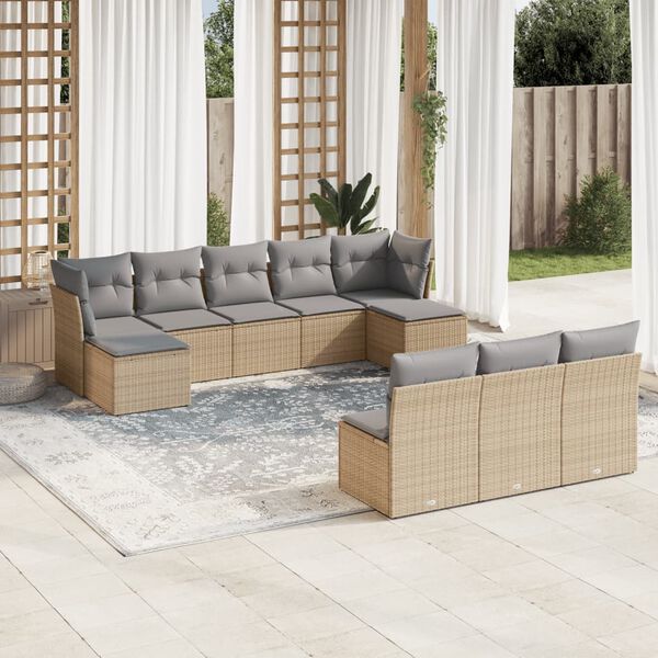 vidaXL Salon de jardin avec coussins 10 pcs beige r&eacute;sine tress&eacute;e