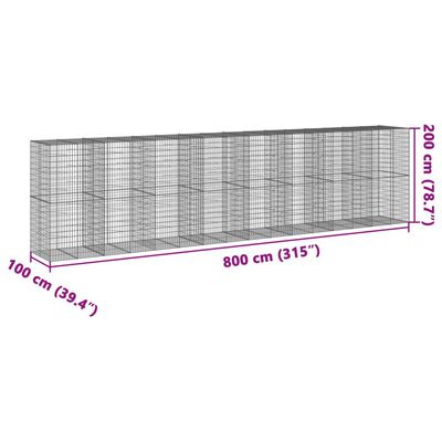 vidaXL Panier gabion avec couvercle 800x100x200 cm fer galvanisé