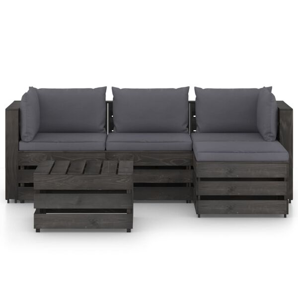vidaXL Salon de jardin 5 pcs avec coussins Bois impr&eacute;gn&eacute; de gris