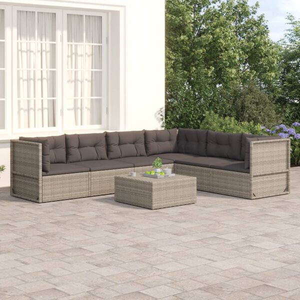 vidaXL Salon de jardin 6 pcs avec coussins Gris R&eacute;sine tress&eacute;e