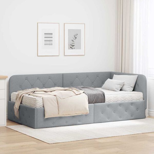 vidaXL Cadre de lit d'angle avec matelas Gris clair 100 x 200 cm tissu