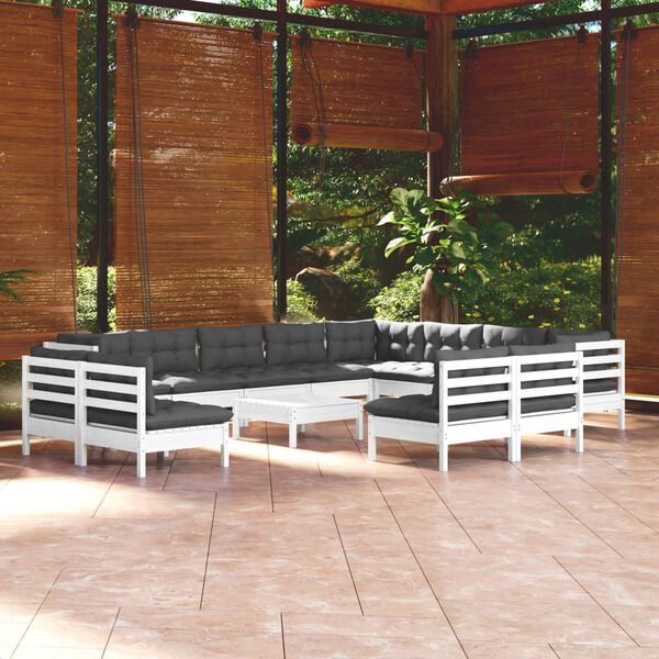 vidaXL Salon de jardin 13 pcs avec coussins blanc bois de pin solide