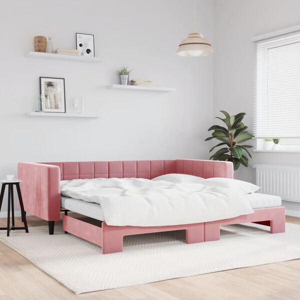vidaXL Lit de jour avec lit gigogne et matelas rose 100x200 cm velours