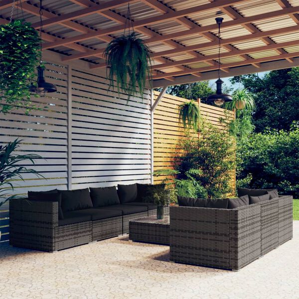 vidaXL Salon de jardin 8 pcs avec coussins r&eacute;sine tress&eacute;e gris