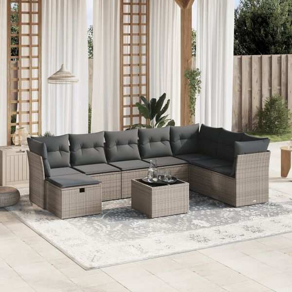 vidaXL Salon de jardin 9 pcs avec coussins gris résine tressée