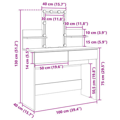 vidaXL Coiffeuse avec LED sonoma gris 100x40x130 cm