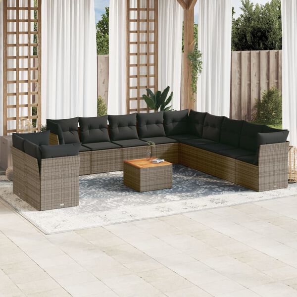 vidaXL Salon de jardin avec coussins 12 pcs gris r&eacute;sine tress&eacute;e