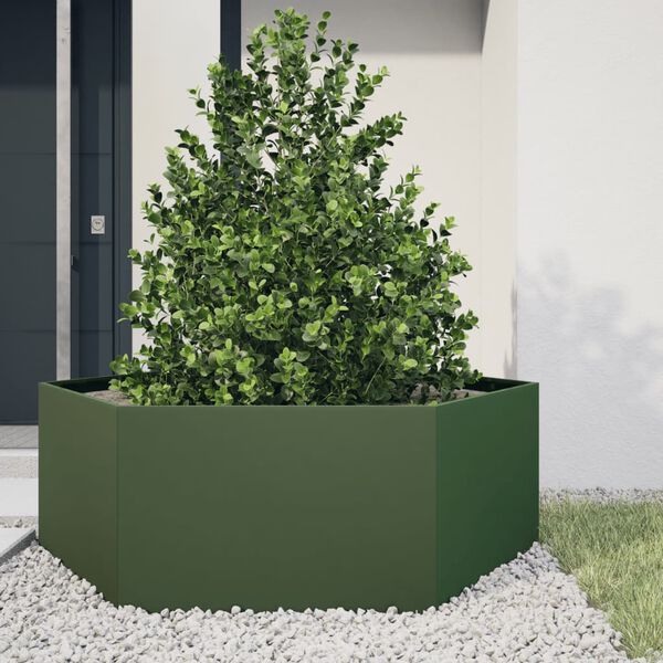 vidaXL Jardini&egrave;re vert olive hexagone 138x120x45 cm acier