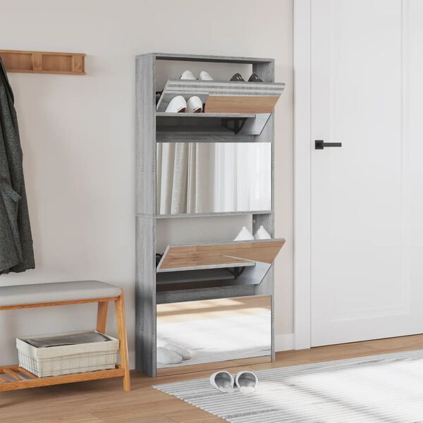 vidaXL Armoire &agrave; chaussures miroir 4 niveaux sonoma gris 63x17x134 cm