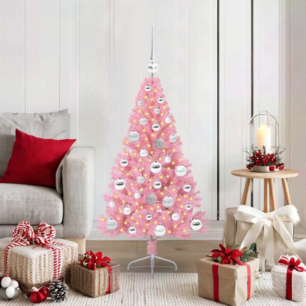 vidaXL Sapin de No&euml;l artificiel pr&eacute;-&eacute;clair&eacute; Rose 120 cm PVC