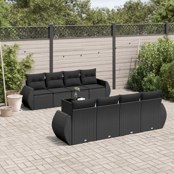 vidaXL Salon de jardin 9 pcs avec coussins noir r&eacute;sine tress&eacute;e