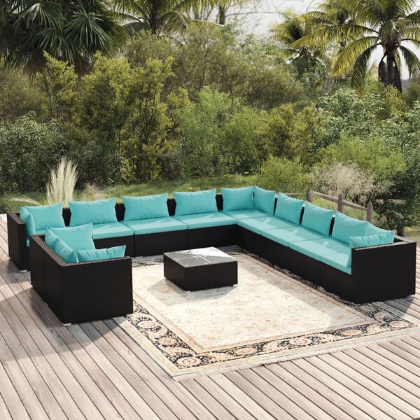 vidaXL Salon de jardin 12 pcs avec coussins Noir R&eacute;sine tress&eacute;e