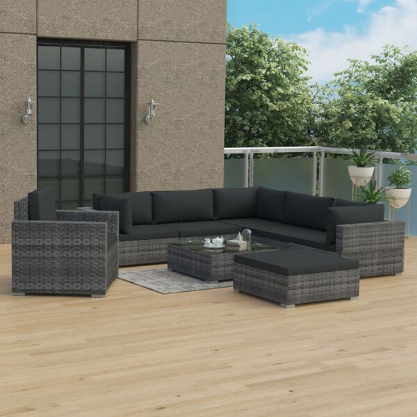 vidaXL Salon de jardin 8 pcs avec coussins r&eacute;sine tress&eacute;e gris
