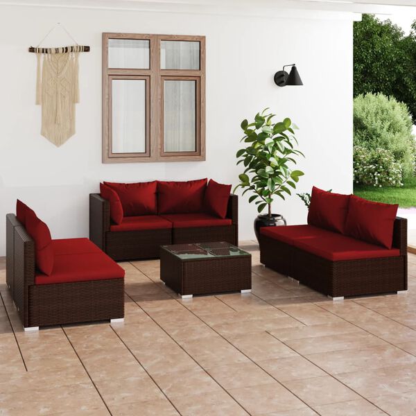 vidaXL Salon de jardin 7 pcs avec coussins R&eacute;sine tress&eacute;e Marron