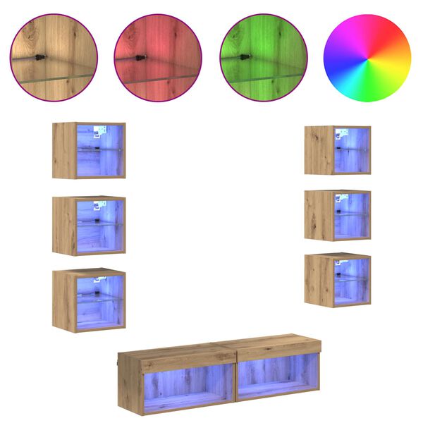 vidaXL Meuble TV avec des lumi&egrave;res &agrave; LED 8 pcs Ch&ecirc;ne artisanal Verre
