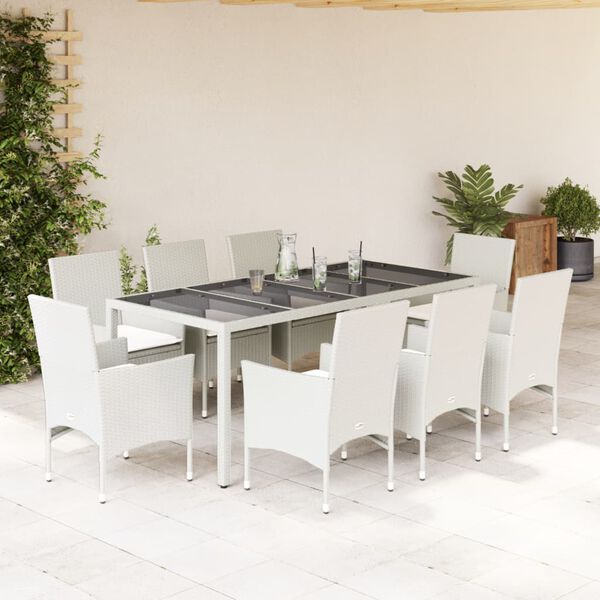 vidaXL Ensemble &agrave; manger de jardin et coussins 9 pcs blanc rotin verre