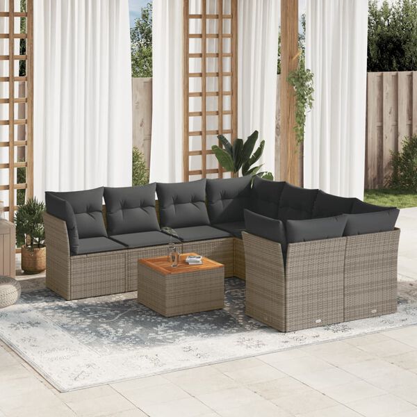 vidaXL Salon de jardin 9 pcs avec coussins gris r&eacute;sine tress&eacute;e