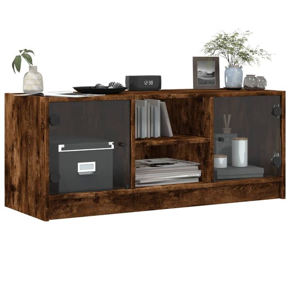 vidaXL Meuble TV avec portes en verre ch&ecirc;ne fum&eacute; 102x37x42 cm