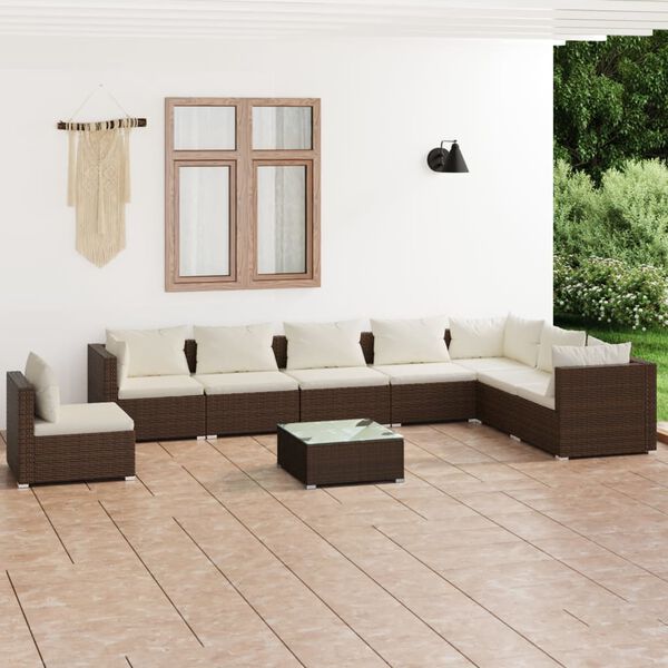 vidaXL Salon de jardin 9 pcs avec coussins R&eacute;sine tress&eacute;e Marron