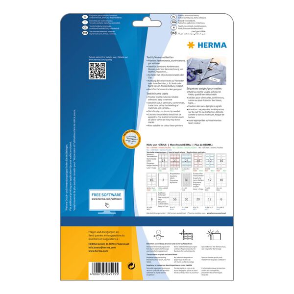 HERMA &Eacute;tiquettes textiles amovibles A4 88,9x33,8 mm 20 Feuilles