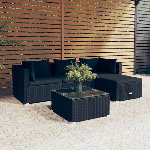 vidaXL Salon de jardin 5 pcs avec coussins Résine tressée Noir