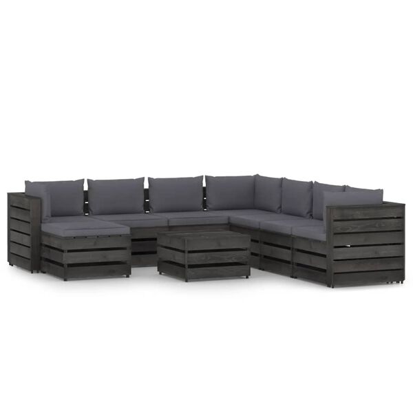 vidaXL Salon de jardin 9 pcs avec coussins Bois impr&eacute;gn&eacute; de gris