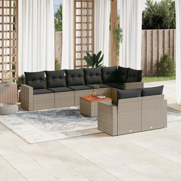 vidaXL Salon de jardin 9 pcs avec coussins gris r&eacute;sine tress&eacute;e