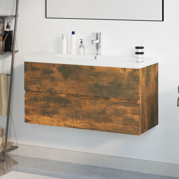 vidaXL Meuble lavabo avec bassin int&eacute;gr&eacute; Ch&ecirc;ne fum&eacute; Bois d'ing&eacute;nierie