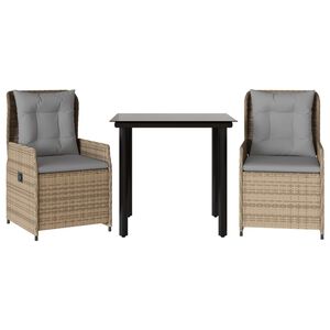 vidaXL Ensemble &agrave; manger de jardin et coussins 3 pcs Beige poly rotin