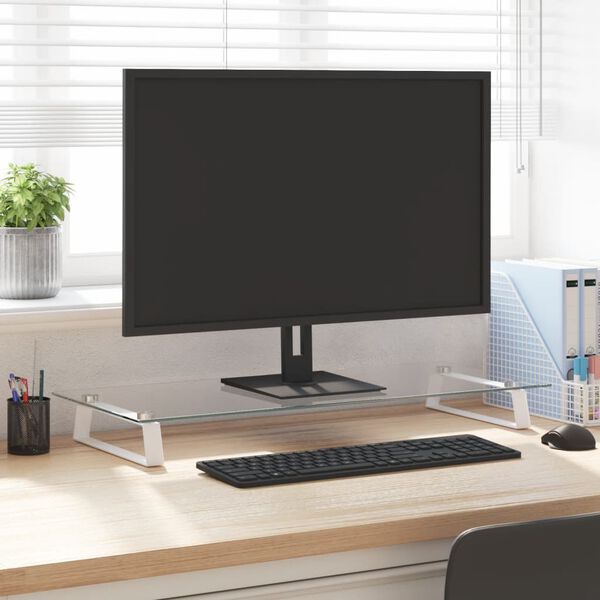 vidaXL Support de moniteur blanc 80x35x8 cm verre tremp&eacute; et m&eacute;tal