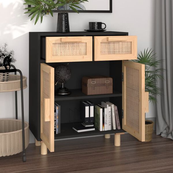 vidaXL Buffet Noir 60x30x75 cm Bois de pin massif et rotin naturel